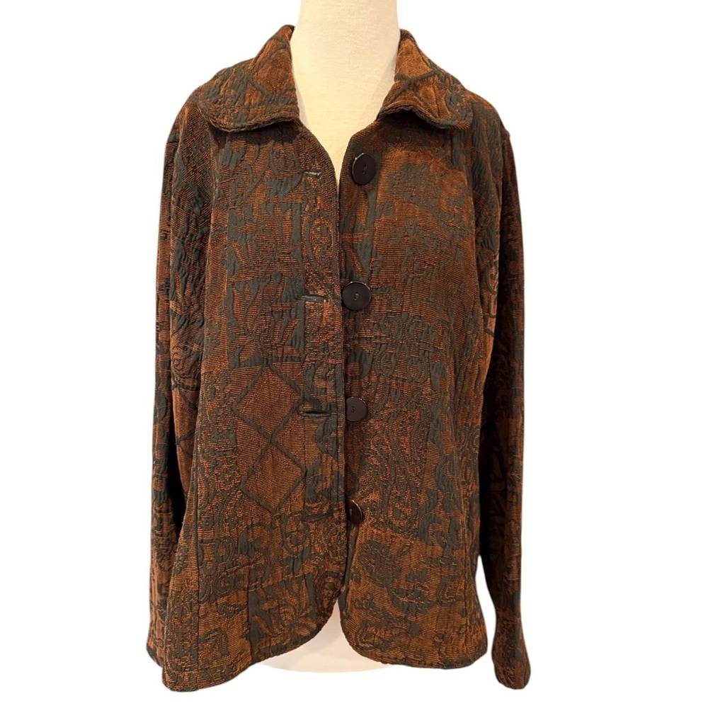 Vintage CMC Color Me Cotton Tapestry Jacquard Peplum Jacket Blazer Brown Black L